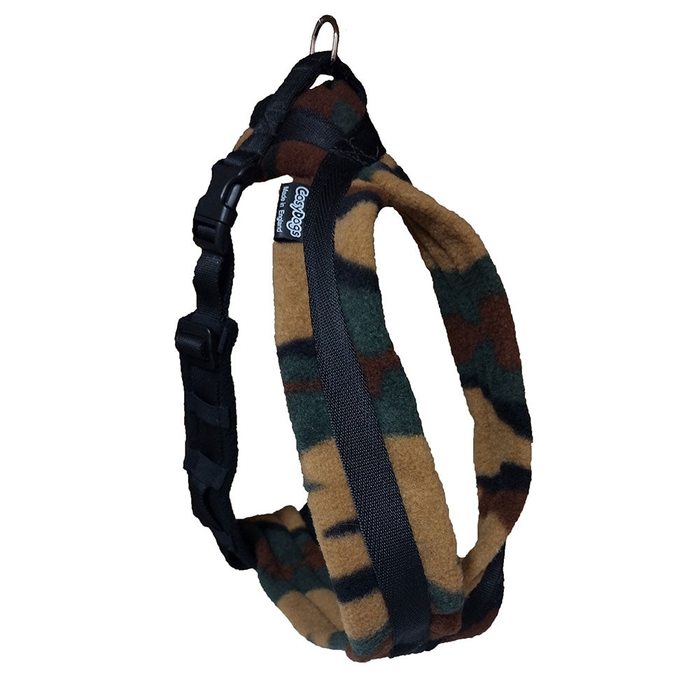 Fleece Dog Harness with Paws & Camouflage Pattern: Front Chest Ring Available