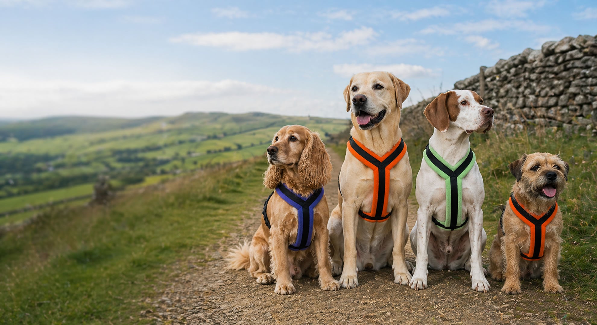 Group of dogs different sizes wearing a cosydog dog harness in the countryside