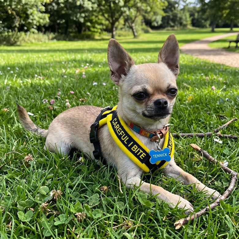 Small dog lying on grass with a 'Careful I Bite' harness and tag.