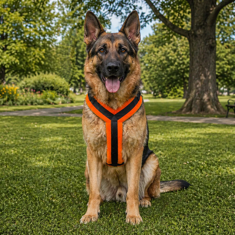 German Shepherd wearing an orange harness sitting on grass with trees in the background