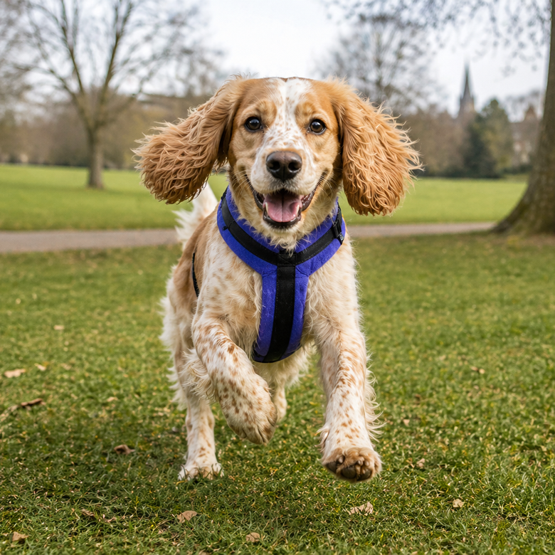 Dog running on grass wearing a blue harness
