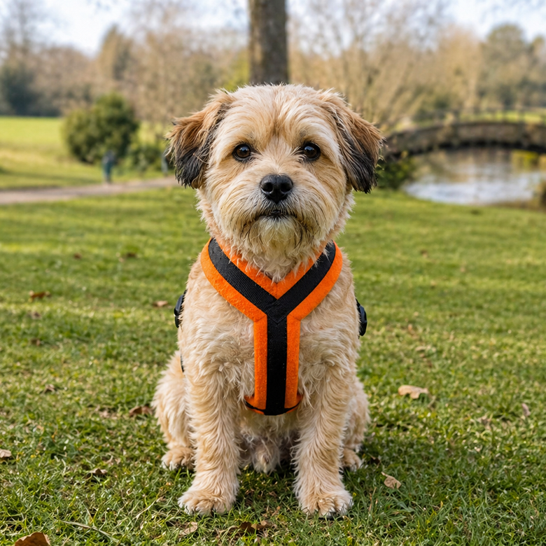 Dog wearing an orange harness sitting on grass with a park background